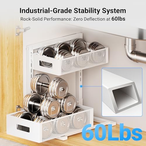 Pull-Out Under Kitchen Sink Organizer, Metal Functional Under Sink Organizer, Height Adjustable Under Bathroom Sink Organizer, Under Sink Storage for Kitchen Bathroom Cabinet (White)