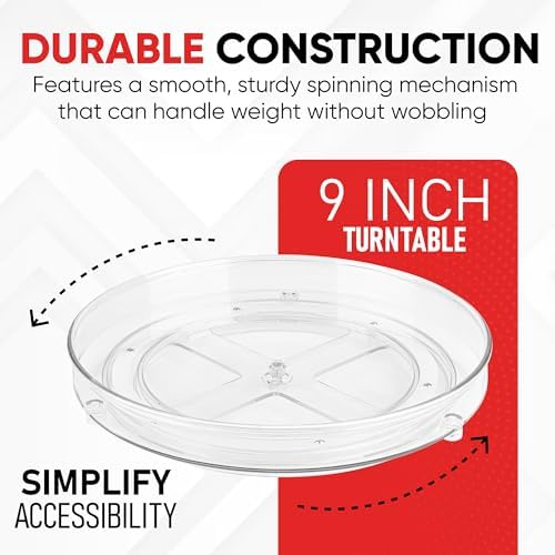 Clear Lazy Susan Turntable Organizer (Pack of 4) 9 Inch Acrylic Rotating Storage for Cabinet, Pantry, Fridge, Bathroom, and Vanity Countertops