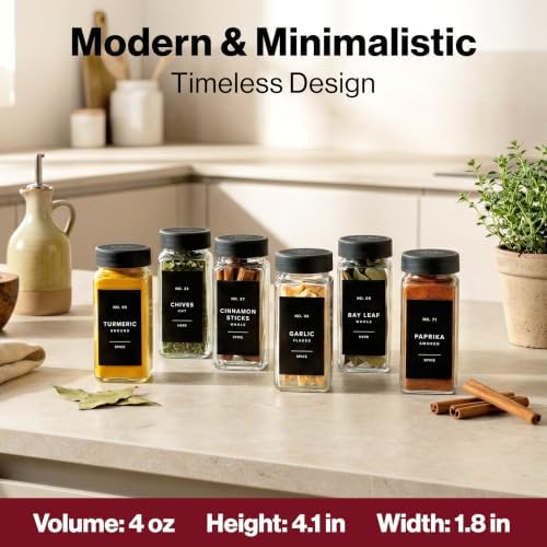 Glass Spice Jars with Labels, 24x Matte Black Lids - 4oz Set