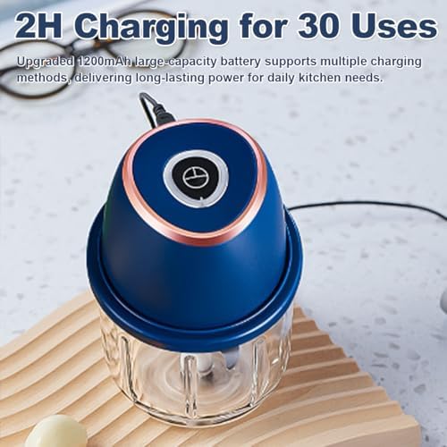 2026 Upgrade Electric Garlic Chopper, Mini Electric Food Chopper, 350ml with 6 Stainless Steel Blades & Thickened Glass, Cordless Food Processor for Chili, Ginger, Nuts, Meat and Fruits (Blue) - Image 6