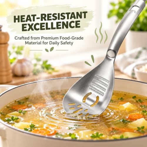 5-in-1 Multifunction Stainless Steel Cooking Grater Spoon, Kitchen Tool for Mashing, Grating, Straining, Egg Separating & Bottle Opening, 1.5mm Steel, 144 Grinding Teeth - Image 4