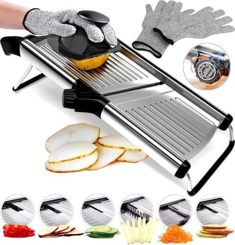 Stainless Steel Mandoline Slicer for Kitchen – 6-Setting Adjustable, 16.5 x 5 In. Platform, Hand Guard, Cut-Resistant Gloves – Vegetable Chopper, Meat Slicer, Cheese Slicer