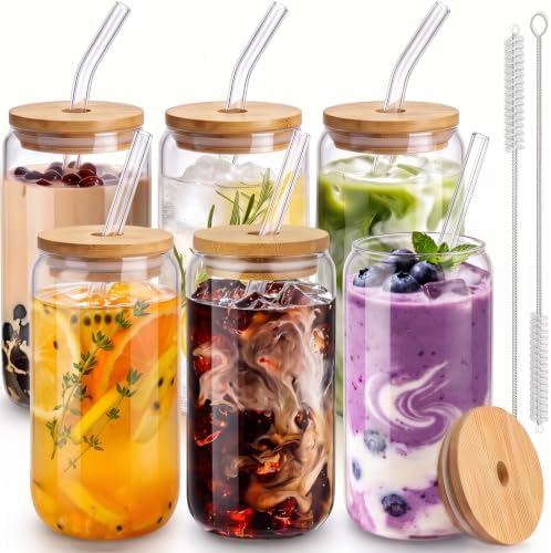 16 Oz Drinking Glasses - 6 Pcs Glass Cups with Bamboo Lids and Straws