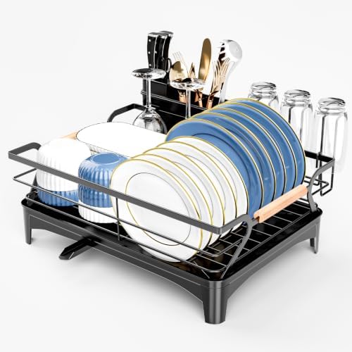 Dish Drying Rack,Space Saving Dish Drainer for Kitchen Counter & Sink,Black