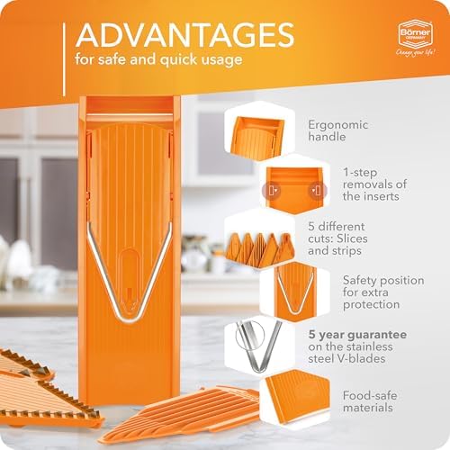 Mandoline Food Slicer V1 (Starter Set) by Reston Lloyd • V-Slicer with 3 Blade Inserts & Food Holder • Made in Germany • Fruit & Vegetable Chopper • Multiple Settings • Color: Orange