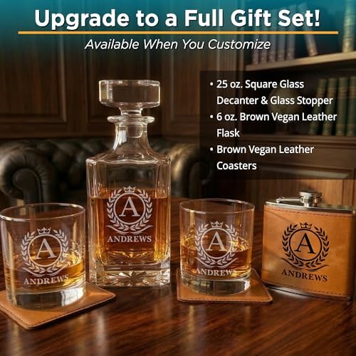 Personalized Whiskey Glasses Set of 2 – Engraved Monogram Bourbon Scotch Groomsmen Dad Gift for Men – Custom Initial Name Old Fashioned Birthday Rocks Glasses (2)