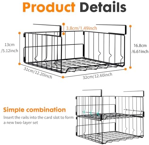 Under Shelf Storage Baskets, Under Cabinet Basket, 2 Pack, Black