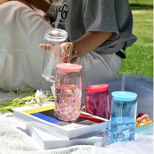 16oz Plastic Mason Jars, 6Pack Clear Mason Drinking Acrylic Cups with Lids and Stainless Steel Straws Iced Coffee Cups Shatterproof Unbreakable Tumblers for Smoothies, Beer, Coffee, Milk Tea, Colored