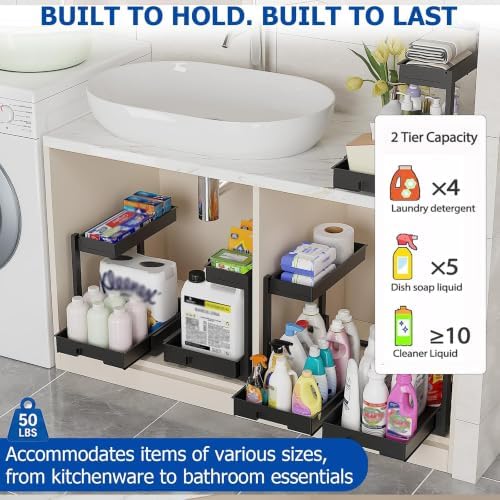 2 Pack Under Sink Organizer, L-Shaped 2 Tier Pull Out Cabinet Organizer