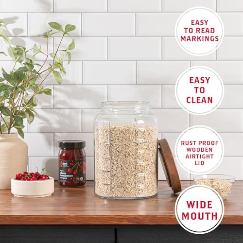 Extra Large Mason Jar - 1 Gallon Glass Wide Mouth Jar with Airtight Wooden Lid, Food Storage Container with Measurement Markings For Kitchen Pantry, Pickling, Cookies, Flour & Sugar