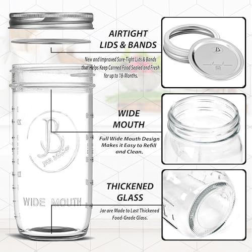 Wide Mouth Mason Jars 24 oz - (2 Pack) - Clear Glass Pint and a Half Mason Jars With Airtight Lids and Bands. For Storage, Canning, Fermenting, Cold Brew Coffee, Freezing, Microwave & Dishwasher Safe