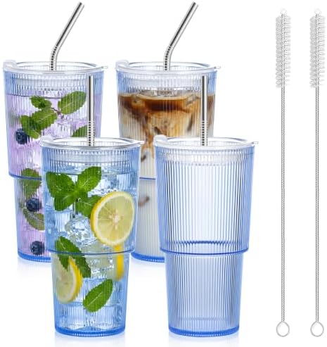 4 Pcs 20oz Plastic Ribbed Tumblers with Lid and Straws Blue Plastic Reusable Iced Coffee Cups with Lid Unbreakable Vintage Ribbed Drinking Glasses Tumbler for Juice Smoothie Beverage with Clean Brush
