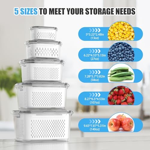 5 Pack Fruit Storage Containers for Fridge with Colander, Vent, Lid
