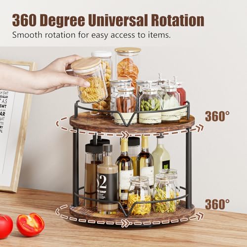 12" Wood Lazy Susan, 2 Tier-Rotating Spice Rack, Rustic Brown