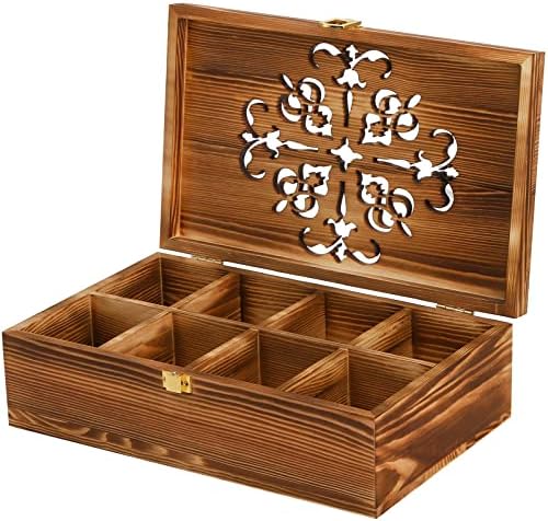Wooden Tea Bag Storage Box with Carved Lid, 8-Compartment Tea Chest Organizer Spice Packets Container for Living Room, Kitchen, Office, Home Decor