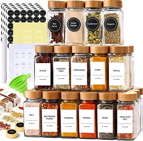 24-Piece Spice Jars Set: Glass Jars with Bamboo Lids, Labels & Funnel, Airtight Kitchen Storage