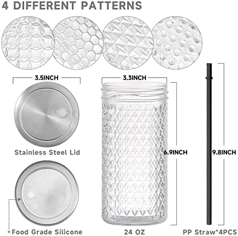 4Pack Glass Tumblers with Stainless Steel Lids and Straws, 24 OZ Wide Mouth Mason Jar Drinking Glasses for Iced Coffee/Tea, Juices and Cocktail, Travel Glass Bottles with Varitey of Patterns