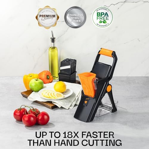 EMSON Safe Mandoline Slicer for Kitchen, All in 1 Potato Slicer Vegetable Slicer Food Slicer Vegetable Cutter, Mandolin Slicer for Veggies and More with 5 Blades and Storage Container - Image 4