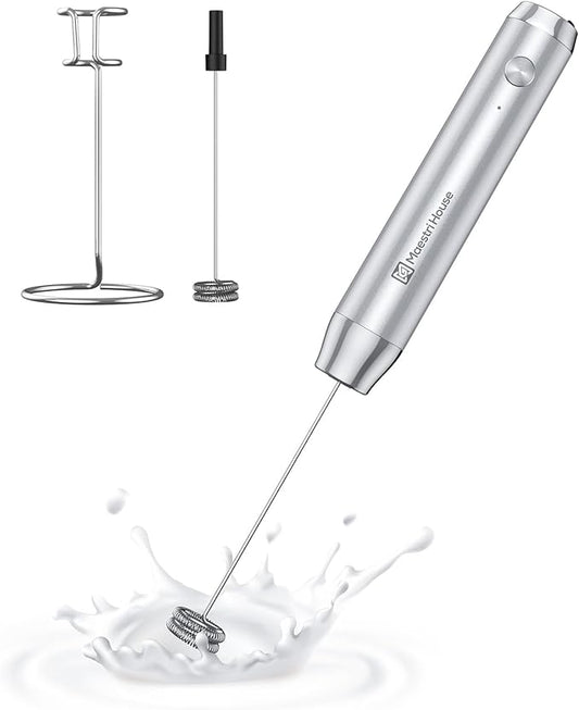 Maestri House Rechargeable Milk Frother with Stand, LunaFro Handheld Electric Foam Maker Waterproof Detachable Stainless Steel Whisk Drink Mixer Foamer for Lattes, Cappuccino