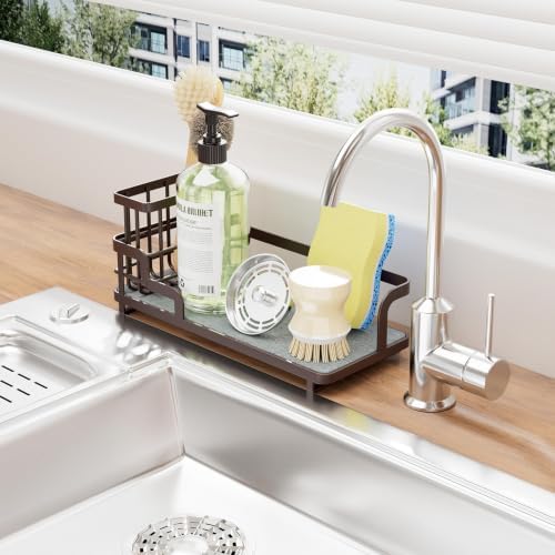 Sponge Holder for Kitchen Sink - Sink Caddy Organizer with Water Absorbing Stone Tray, Detachable Brush Holder, Stainless Steel Kitchen Counter Organizer Rack, Bronze