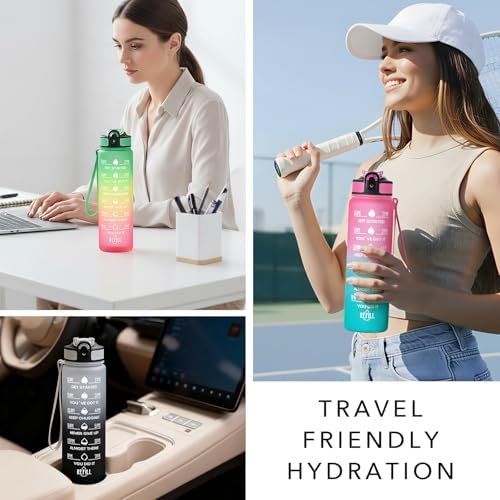 Water Bottle with Straw & Time Marker, Plastic 32oz Leakproof