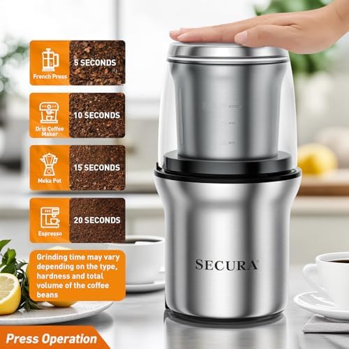 Secura Electric Coffee and Spice Grinder, 2 Removable Bowls, Stainless - Image 4