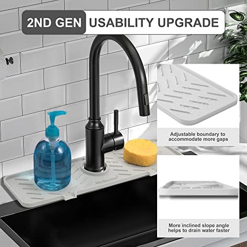 Silicone Faucet Mat for Kitchen Sink – Gen 2 Splash Guard with Upgraded Outlet & Slope – 18” x 5.1” Water Catcher & Sink Sponge Holder for Kitchen and Bathroom (Beige)