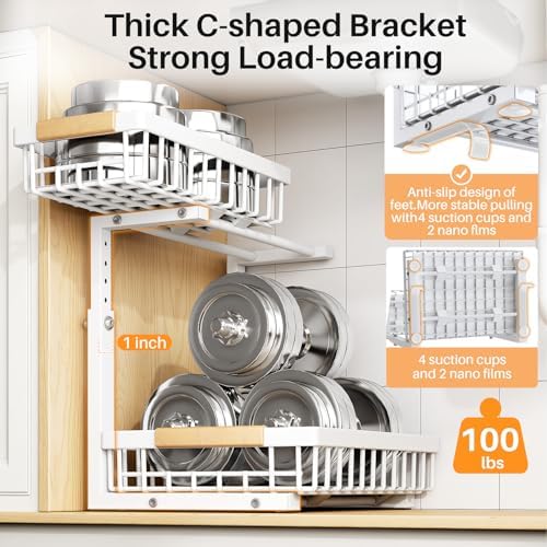 Under Sink Organizer, Adjustable Height, 2 Tier Pull Out Under Cabinet Organizer, Slide Out Thickened Metal Under Sink Storage for Kitchen Bathroom Laundry Pantry Cabinet, White, Large-2-Pack