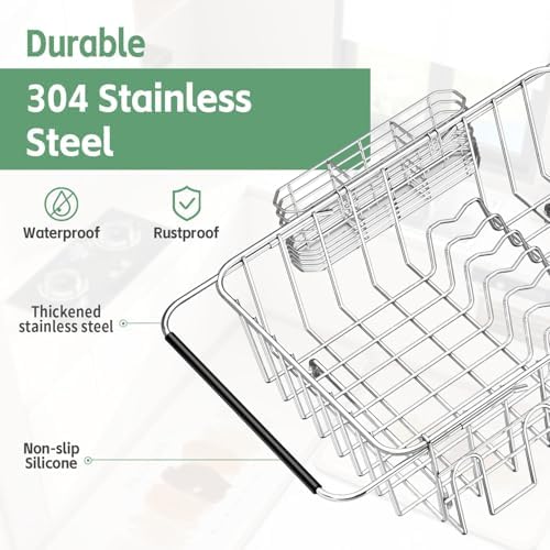 Dish Drying Rack in Sink, ExtendableStainless Steel Dish Drainers for KitchenCounter, Anti-Rust Dish Dryer Rack withUtensil & Cup Holders, for Inside Sink, Over The Sink