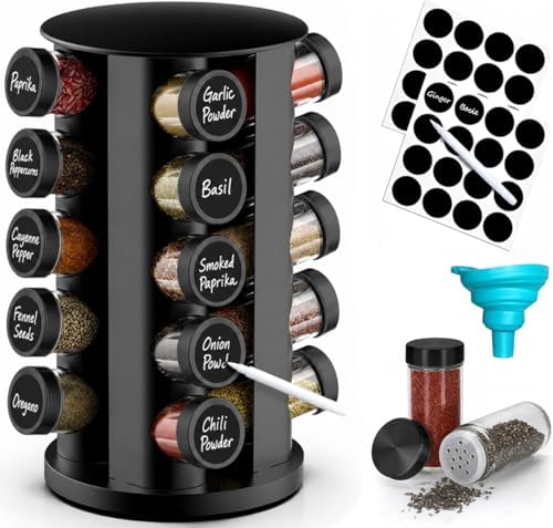 Rotating Spice Rack Organizer for Cabinet, Spice Racks Storage with 20 Jars, Spinning Spice rack for Kitchen Countertop, Spice Holder,Seasoing Storage Racks, Black