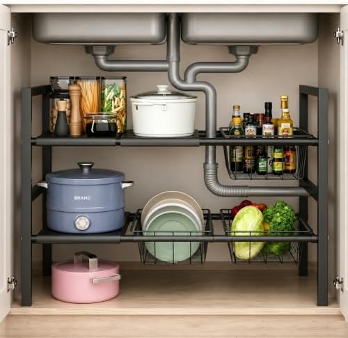 Expandable Under Sink Organizer, 2 Tier Under Sink Shelf, Height Adjustment, Under Sink Shelves with 3 Removable Baskets and 3 Removable Panels for Bathroom Kitchen Pantry Cabit black 21.65in
