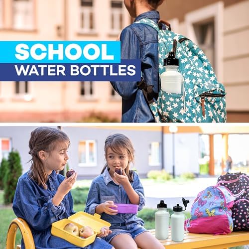 Sports Water Bottles Bulk (12 Pack) 18 oz Squeeze Reusable Plastic White School Bike Water Bottle for Kids, BPA Free, Party Favor Giveaways, ee, School Kids Bottles