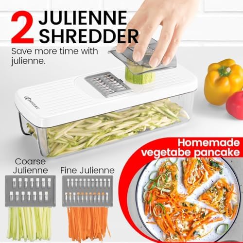 8-in-1 Vertical Vegetable Chopper Mandoline Slicer with Container White - Safe Tap Out Dicer with Hand Guard for Kitchen Easy Food Prep, Onion Potato Veggie Fruit