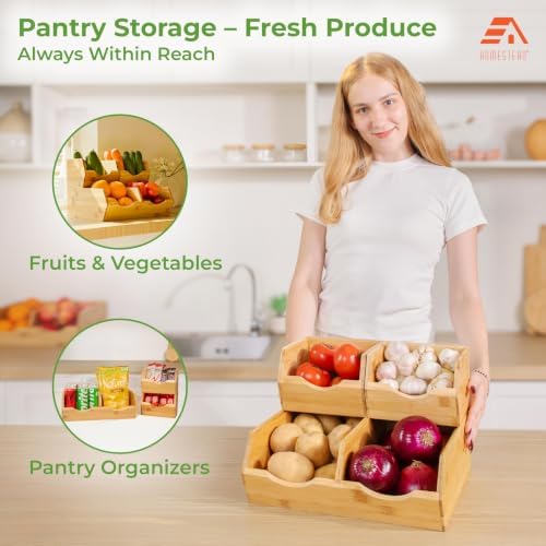Large Bamboo Pantry Storage Bins – 30% Larger, Stackable Potato Onion Storage Bin, Pantry Organizers and Storage, Produce Vegetable Organizer, Set of 4