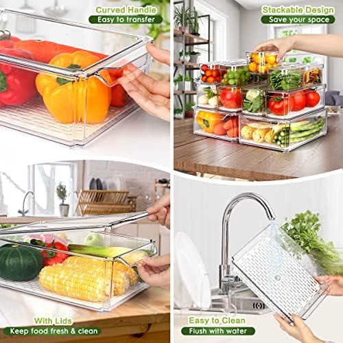 14 Pack Fridge Organizer Bins with Lids, Stackable Clear Storage