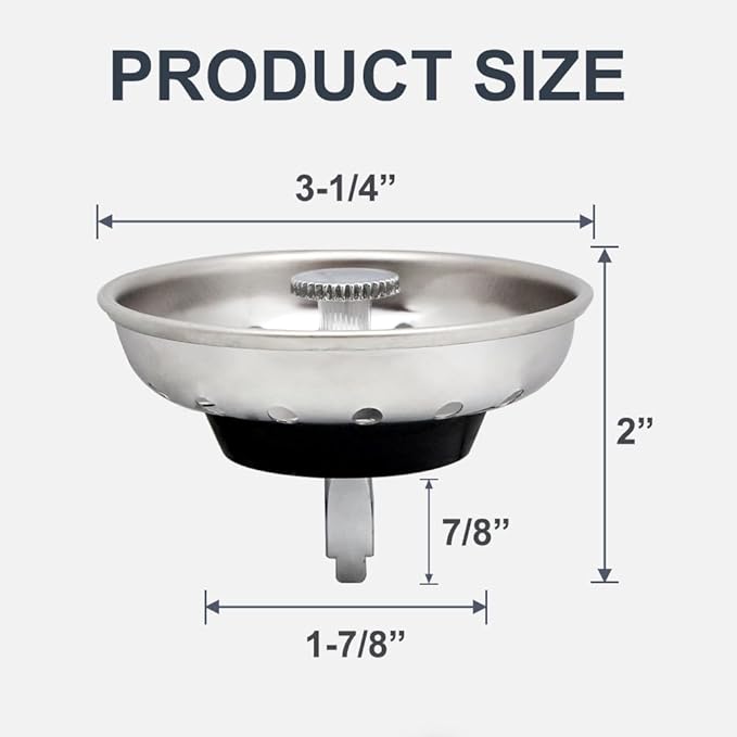 2 Pack - Kitchen Sink Strainer and Stopper Combo Basket Replacement for Standard 3-1/2 inch Drain, Stainless Steel Basket with Plastic Knob, Rubber Stopper Bottom
