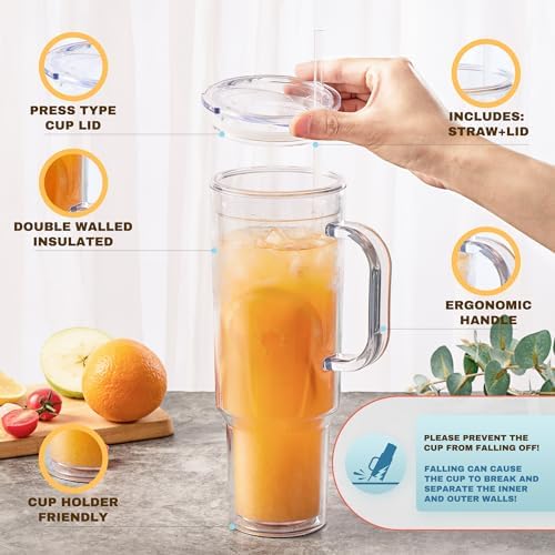 40 oz Acrylic Tumbler with Handle and Straw Lid，Double Wall Vacuum Reusable plastic Water Bottle Travel Mug Cup，Classic Tumblers Cupholder Friendly (2 Pack)