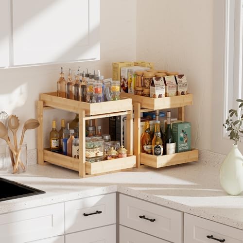 2 Pack Bamboo Under Sink Organizer, 2-Tier Pull Out Storage Drawers