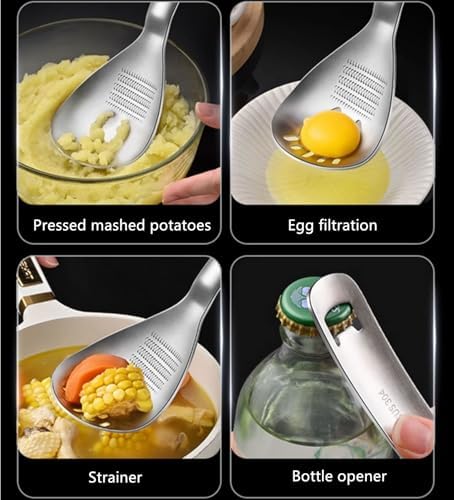 5 in 1 Egg Separator for Raw Eggs, Potato Masher Multifunction Cooking Spoon, Egg Yolk Separator, Grater Plate, Bottle Opener & Slotted Spoon 304 Stainless Steel - Image 3
