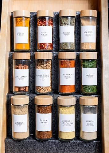 24 pcs Modern Round Glass Spice Jars 120ml with Bamboo Lids and 360 labels- Empty Spice Containers with Shaker Lids and Funnel, Airtight Storage Jars for Spices, Herbs, Seasonings