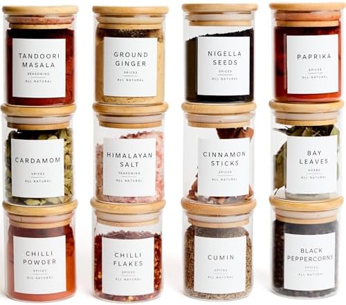 Glass Spice Jars with Labels-12 Pack- 6.8oz- 360 Labels- Spice Containers with Bamboo Lids -Spices Organization for Cabinet-Drawer-Rack-Seasoning containers-herbs- Organizer-Spices Bottles