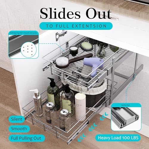 2 Tier Pull Out Cabinet Organizer 15" W X 22" D, Chromed, Full Slide Out