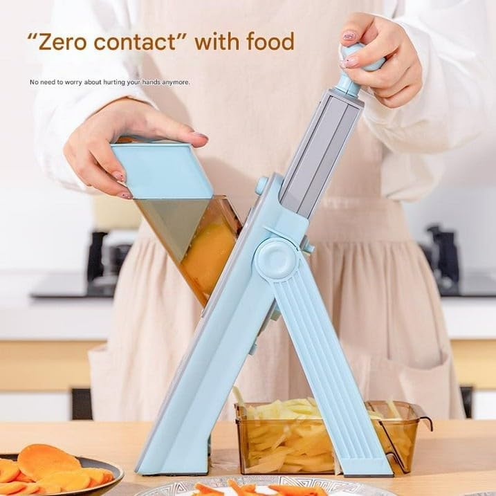 Vegetable Slicer, Stainless Steel, Blue, 4-in-1 Adjustable Food Chopper with Container, Manual Operation, 10.2x4.7x11.8 Inch - Image 4