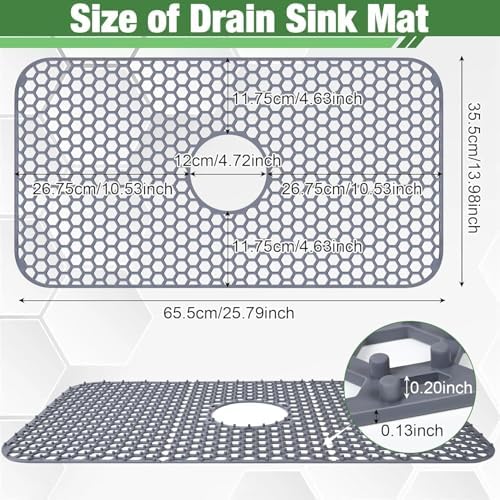 Sink Protectors Mat - 25.79"x13.98" Kitchen Sink Pad for Bottom of Basin for Protection of Stainless Steel and Tableware, Farmhouse Rubber Basin Mat Protector with Center Drain - Light Gray