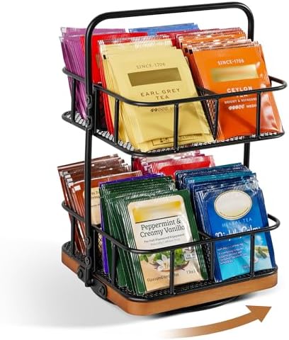 Rotating 2 Tier Tea Bag Organizer, 360° Spinning Teabag Organizer