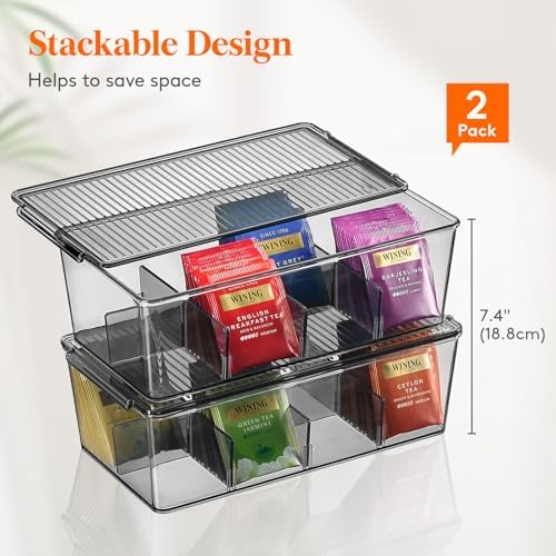 2 Pack 16 Compartment Tea Organizer, Stackable for Cabinet, Black