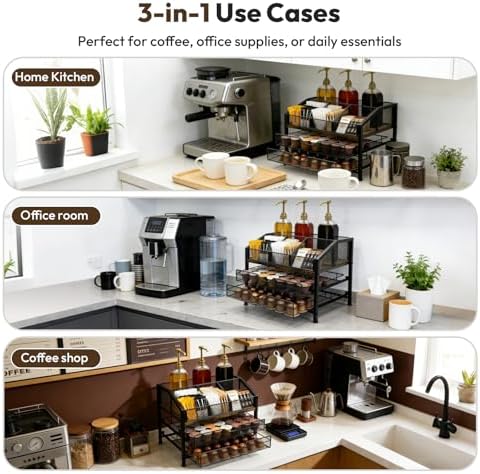 Coffee Bar Organizer with 3 Syrup Pumps, 3-Tier Coffee Station Organizer for Countertop, Rustic Wood & Metal Holder for K Cup, Storage for Coffee Pods, Syrup Bottles, Tea Bags, Cups & Stirrer