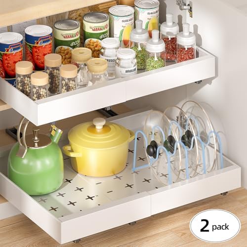 16" Deep Pull Out Cabinet Organizer with 6 Dividers, Expandable (11.7 "-20" W) Pull Out Drawers for Cabinets, Cabinet Trays Pull Out for Cabinets in Kitchen, Pantry or Bathroom, White, 2 Pack