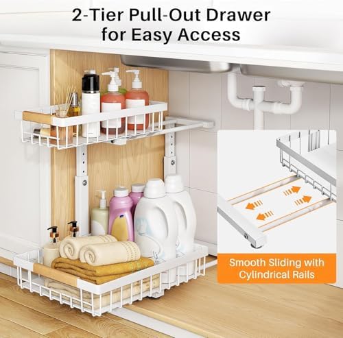 Under Sink Organizer, Adjustable Height, 2 Tier Pull Out Under Cabinet Organizer, Slide Out Thickened Metal Under Sink Storage for Kitchen Bathroom Laundry Pantry Cabinet, White, Large-2-Pack