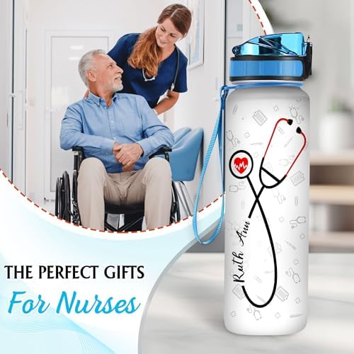 Personalized Nurse Water Bottle - 32oz Motivational Water Bottle with Leak-Proof Lid & Time Marker - Gift for Women, Nursing Students, Medical Assistants, Healthcare Workers On Birthday